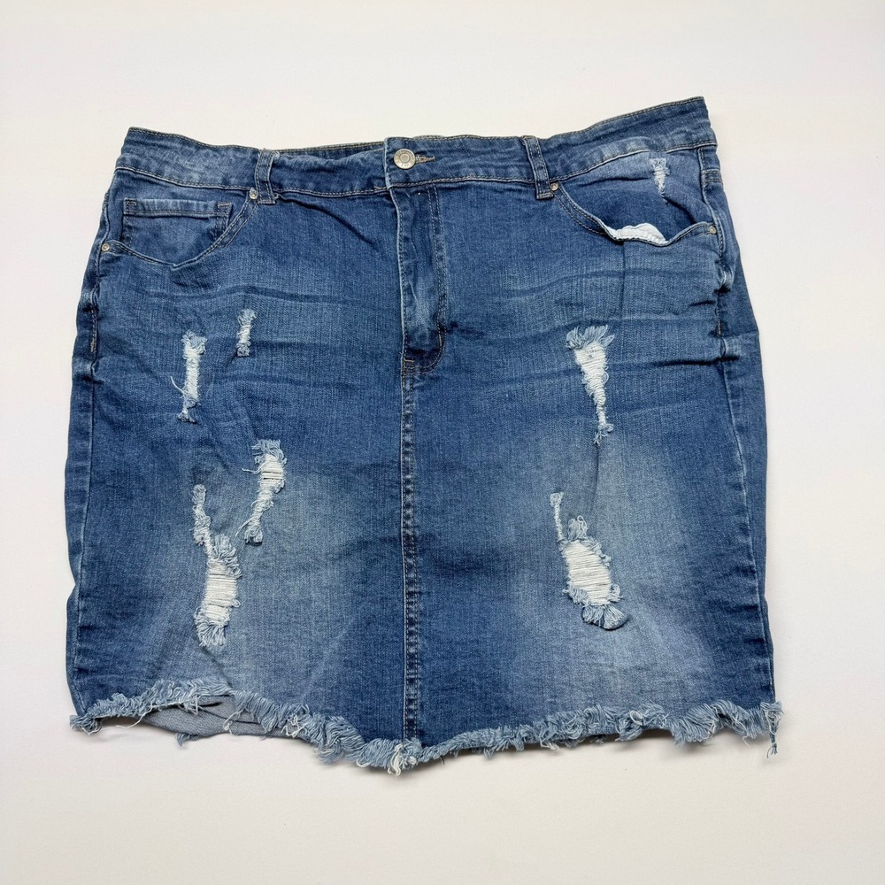 Wax Jean Distressed Denim Mini Skirt Medium Wash Frayed Hem Plus Size 3XL